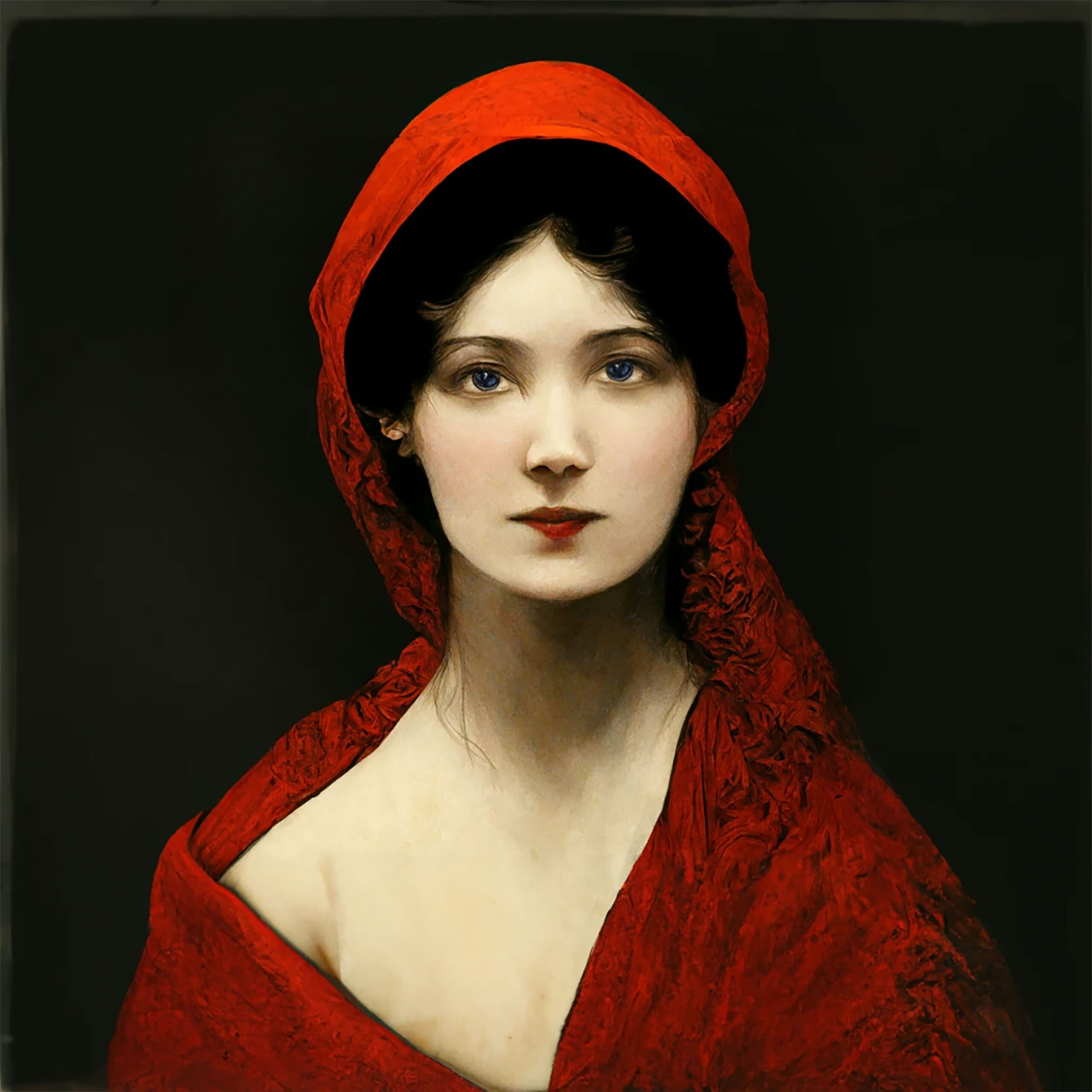 A digital painting of a woman's face with rosy skin, dark hair and a red veil covering the top of her head and right shoulder, against a black background. Her left shoulder is almost bare. The woman faces the viewer, she has blue eyes and a serene yet intense expression. The image features vibrant colours, with warm shades of pink, deep black, and intense red dominating the overall color scheme.